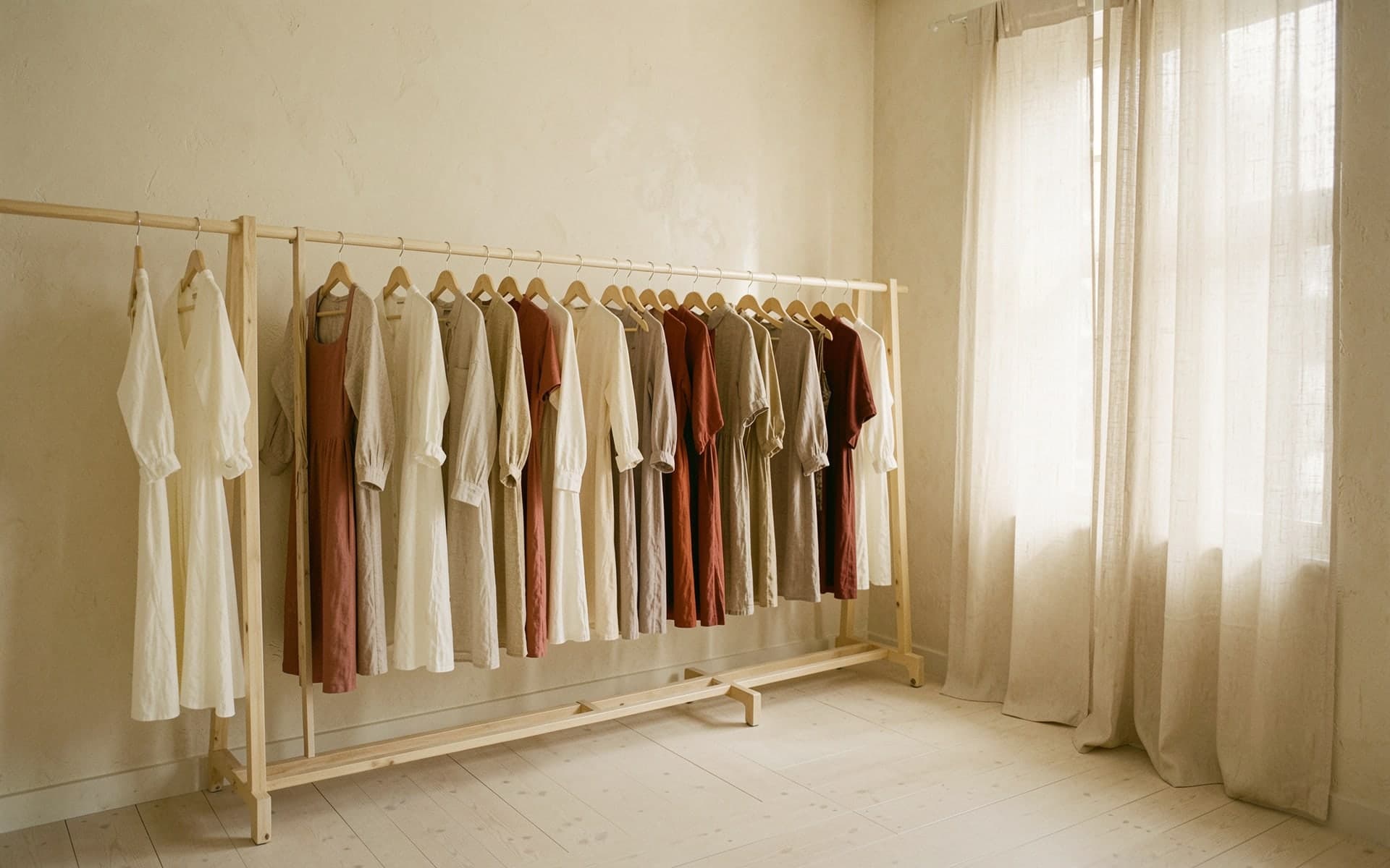 A wooden rail of linen dresses and shirts in ivory, sand and rust by a curtained window